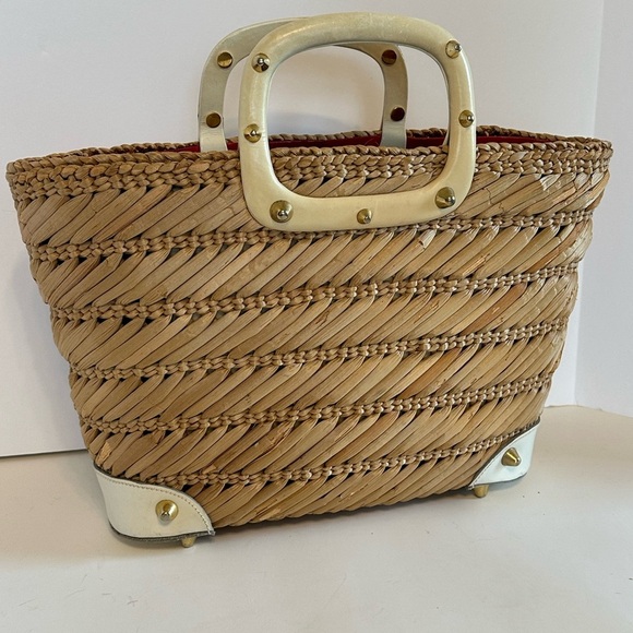 Koret Handbags - Vintage Koret Woven Wicker White/Cream Leather Trim & Red Lining Handbag